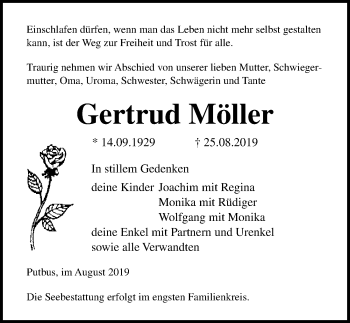 Traueranzeige von Gertrud Möller von Ostsee-Zeitung GmbH