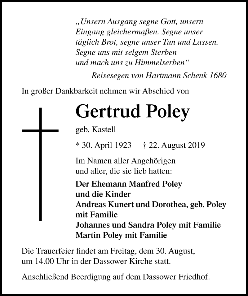  Traueranzeige für Gertrud Poley vom 27.08.2019 aus Ostsee-Zeitung GmbH