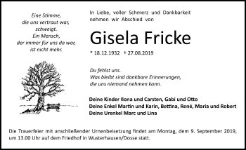 Traueranzeige von Gisela Fricke von Märkischen Allgemeine Zeitung