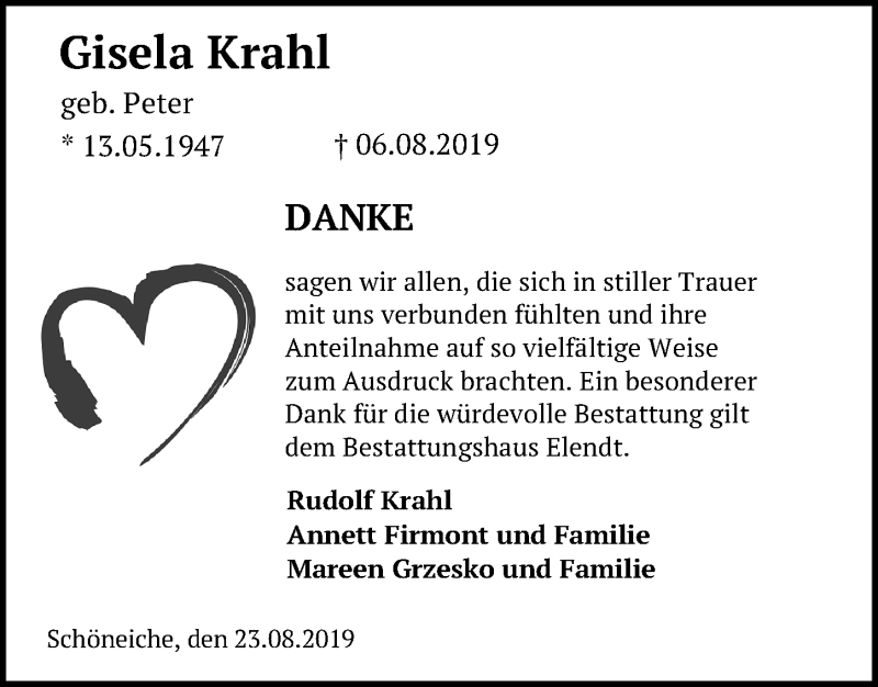  Traueranzeige für Gisela Krahl vom 23.08.2019 aus Märkischen Allgemeine Zeitung