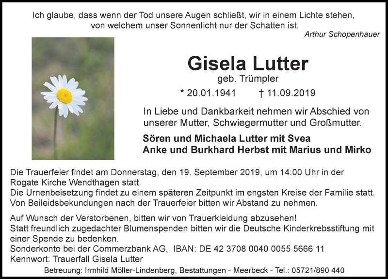 Traueranzeige für Gisela Lutter vom 14.09.2019 aus Schaumburger Nachrichten