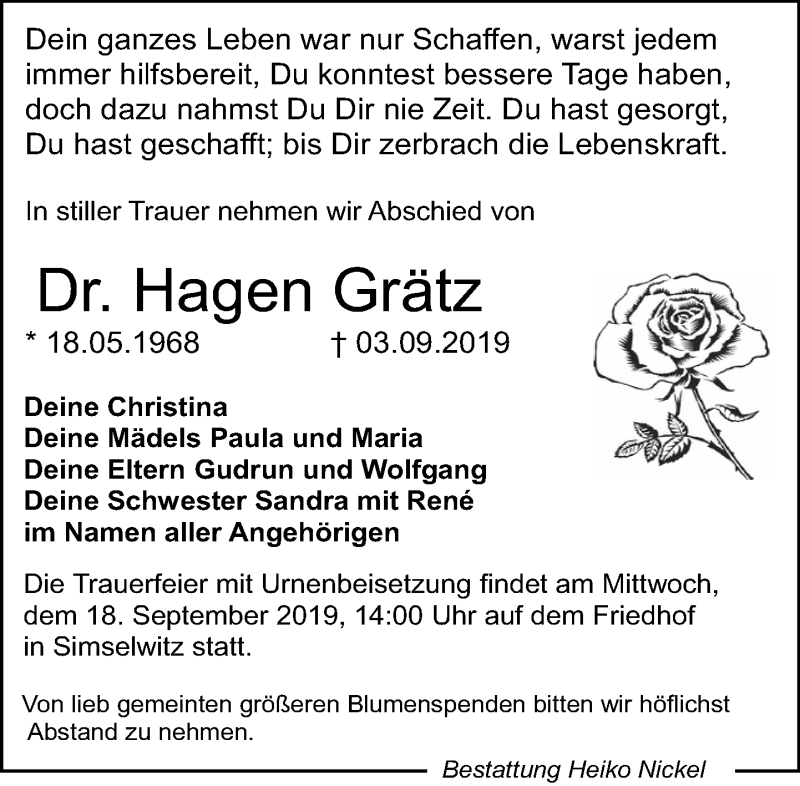  Traueranzeige für Hagen Grätz vom 07.09.2019 aus Leipziger Volkszeitung