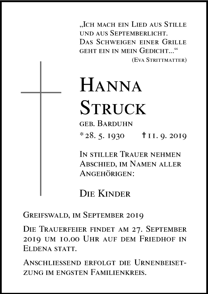  Traueranzeige für Hanna Struck vom 14.09.2019 aus Ostsee-Zeitung GmbH