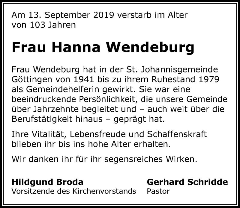  Traueranzeige für Hanna Wendeburg vom 21.09.2019 aus Göttinger Tageblatt
