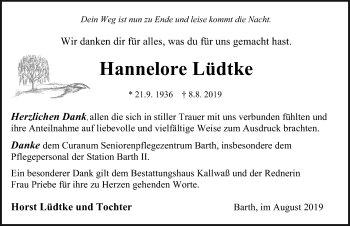 Traueranzeige von Hannelore Lüdtke von Ostsee-Zeitung GmbH