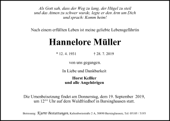 Traueranzeige von Hannelore Müller von Hannoversche Allgemeine Zeitung/Neue Presse