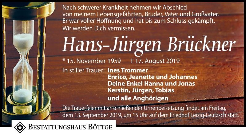  Traueranzeige für Hans-Jürgen Brückner vom 31.08.2019 aus Leipziger Volkszeitung