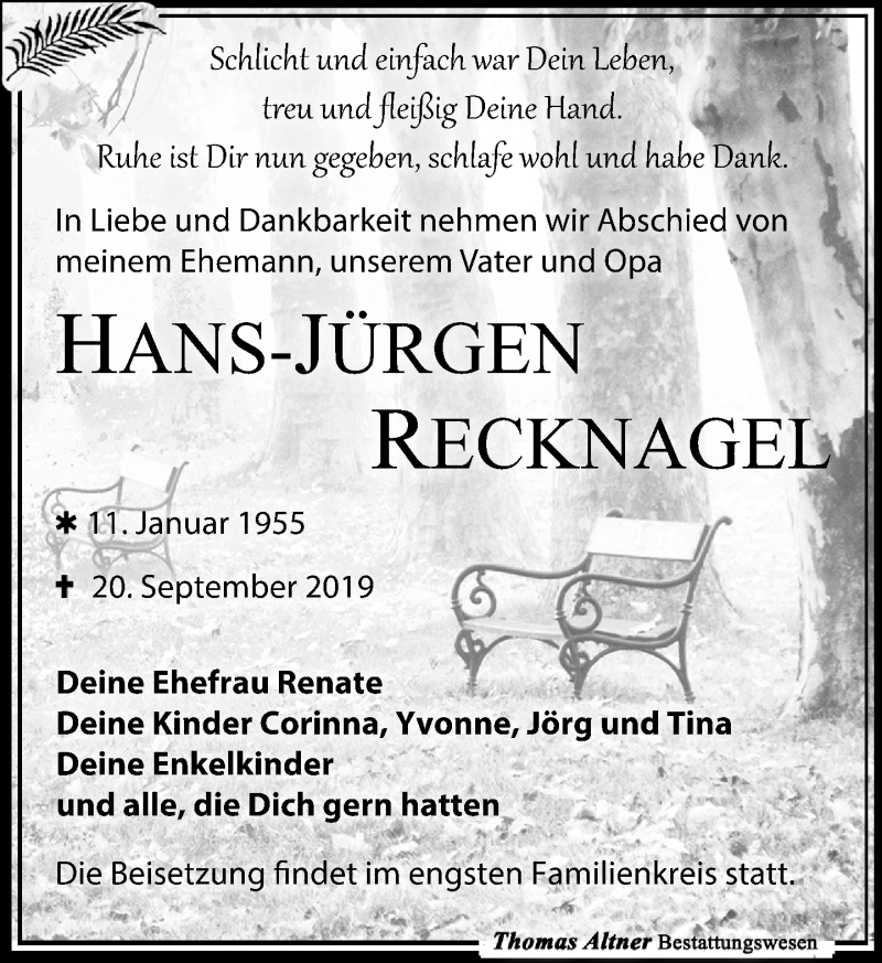  Traueranzeige für Hans-Jürgen Recknagel vom 28.09.2019 aus Leipziger Volkszeitung