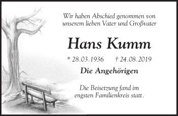 Traueranzeige von Hans Kumm von Märkischen Allgemeine Zeitung