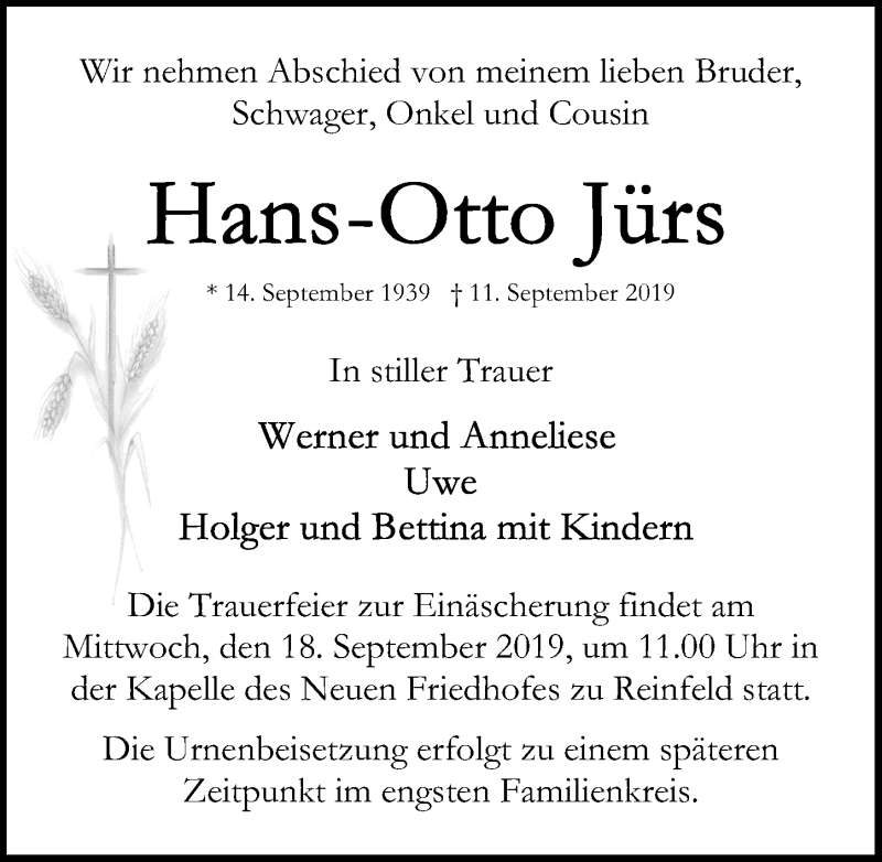  Traueranzeige für Hans-Otto Jürs vom 15.09.2019 aus Lübecker Nachrichten