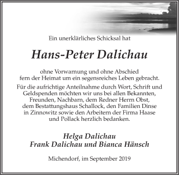 Traueranzeige von Hans-Peter Dalichau von Märkischen Allgemeine Zeitung