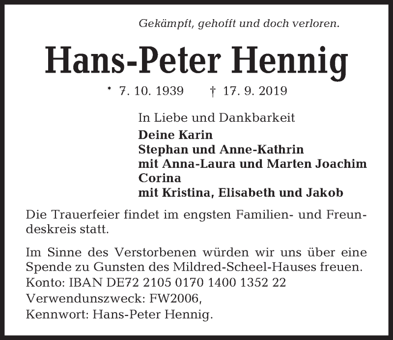  Traueranzeige für Hans-Peter Hennig vom 21.09.2019 aus Kieler Nachrichten