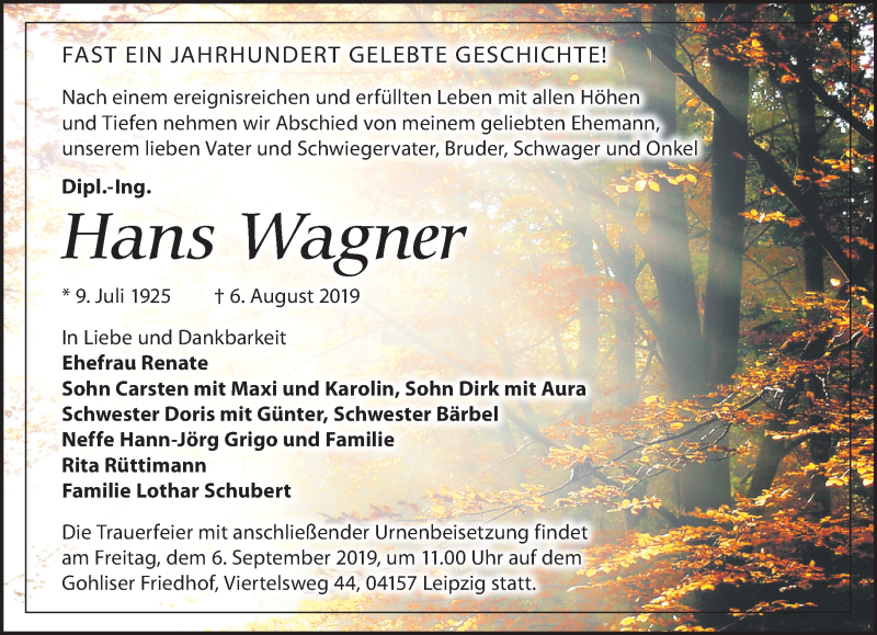  Traueranzeige für Hans Wagner vom 31.08.2019 aus Leipziger Volkszeitung
