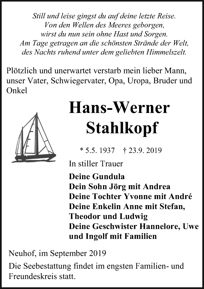  Traueranzeige für Hans-Werner Stahlkopf vom 28.09.2019 aus Ostsee-Zeitung GmbH