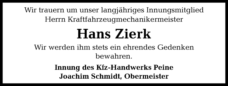  Traueranzeige für Hans Zierk vom 24.09.2019 aus Peiner Allgemeine Zeitung