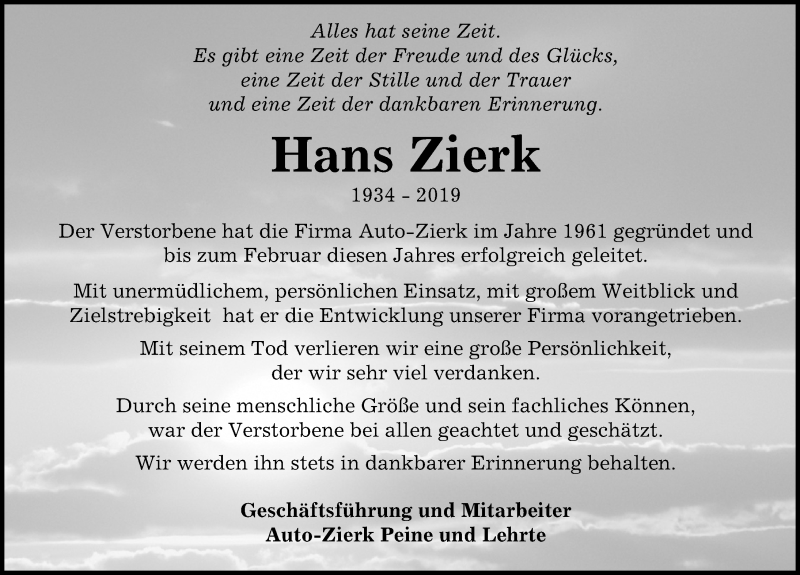  Traueranzeige für Hans Zierk vom 21.09.2019 aus Peiner Allgemeine Zeitung