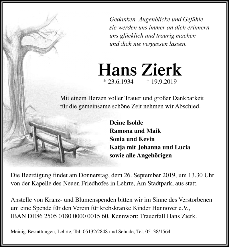  Traueranzeige für Hans Zierk vom 21.09.2019 aus Hannoversche Allgemeine Zeitung/Neue Presse