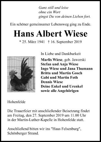 Traueranzeige von Hans Albert Wiese von Kieler Nachrichten