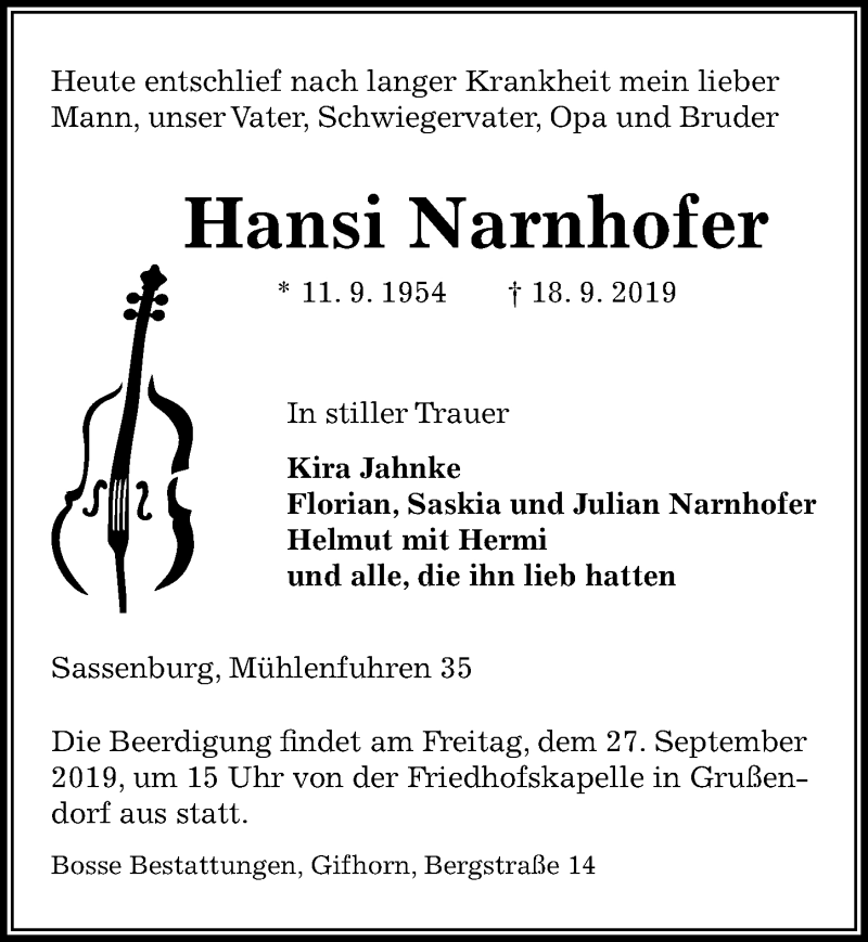  Traueranzeige für Hansi Narnhofer vom 21.09.2019 aus Aller Zeitung