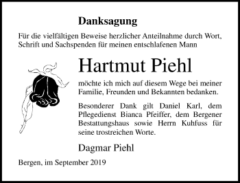 Traueranzeige von Hartmut Piehl von Ostsee-Zeitung GmbH