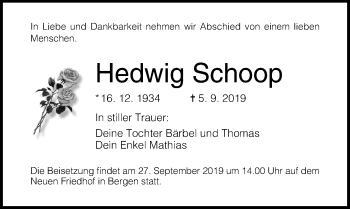 Traueranzeige von Hedwig Schoop von Ostsee-Zeitung GmbH