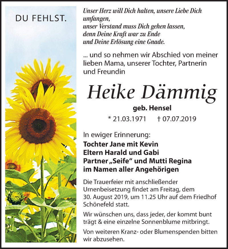  Traueranzeige für Heike Dämmig vom 24.08.2019 aus Leipziger Volkszeitung