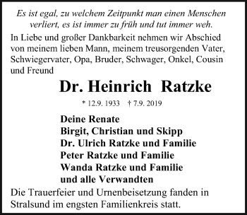 Traueranzeige von Heinrich Ratzke von Ostsee-Zeitung GmbH