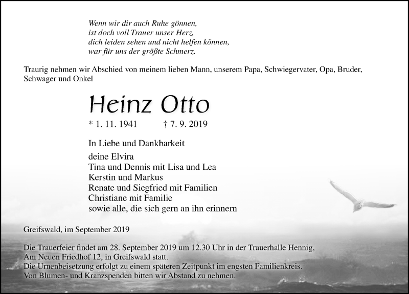  Traueranzeige für Heinz Otto vom 14.09.2019 aus Ostsee-Zeitung GmbH