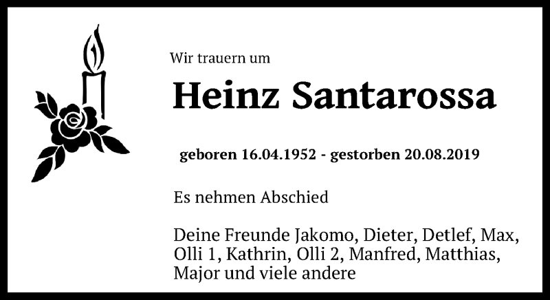  Traueranzeige für Heinz Santarossa vom 31.08.2019 aus Leipziger Volkszeitung