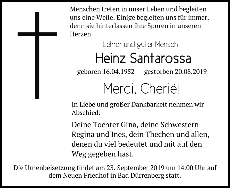 Traueranzeige für Heinz Santarossa vom 24.08.2019 aus Leipziger Volkszeitung