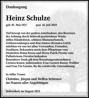 Traueranzeige von Heinz Schulze von Leipziger Volkszeitung