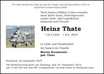 Traueranzeige von Heinz Thate von Ostsee-Zeitung GmbH