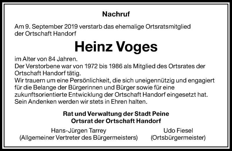  Traueranzeige für Heinz Voges vom 18.09.2019 aus Peiner Allgemeine Zeitung