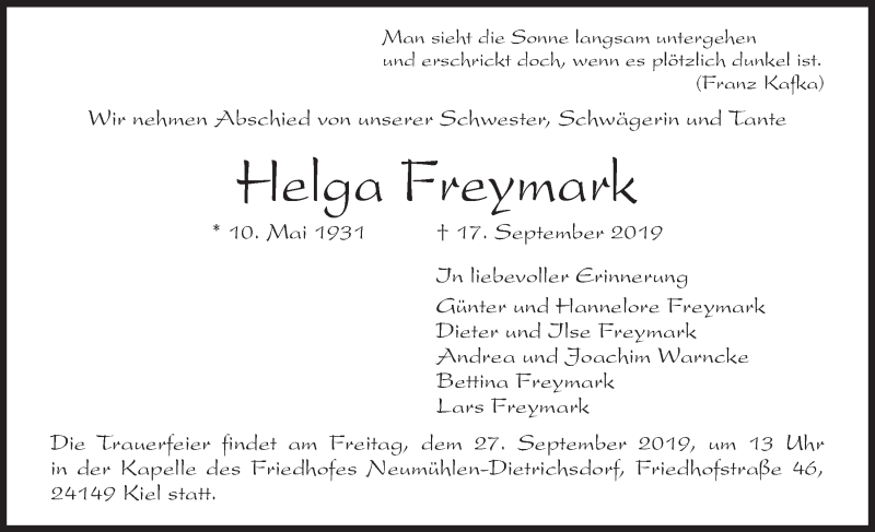  Traueranzeige für Helga Freymark vom 21.09.2019 aus Kieler Nachrichten