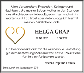 Traueranzeige von Helga Grap von Ostsee-Zeitung GmbH