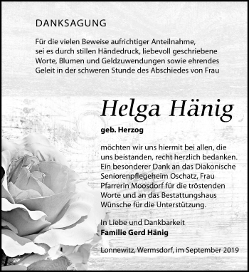 Traueranzeige von Helga Hänig von Leipziger Volkszeitung