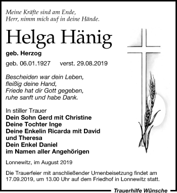 Traueranzeige von Helga Hänig von Leipziger Volkszeitung