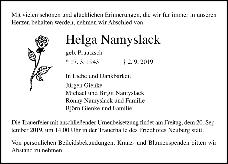  Traueranzeige für Helga Namyslack vom 07.09.2019 aus Ostsee-Zeitung GmbH