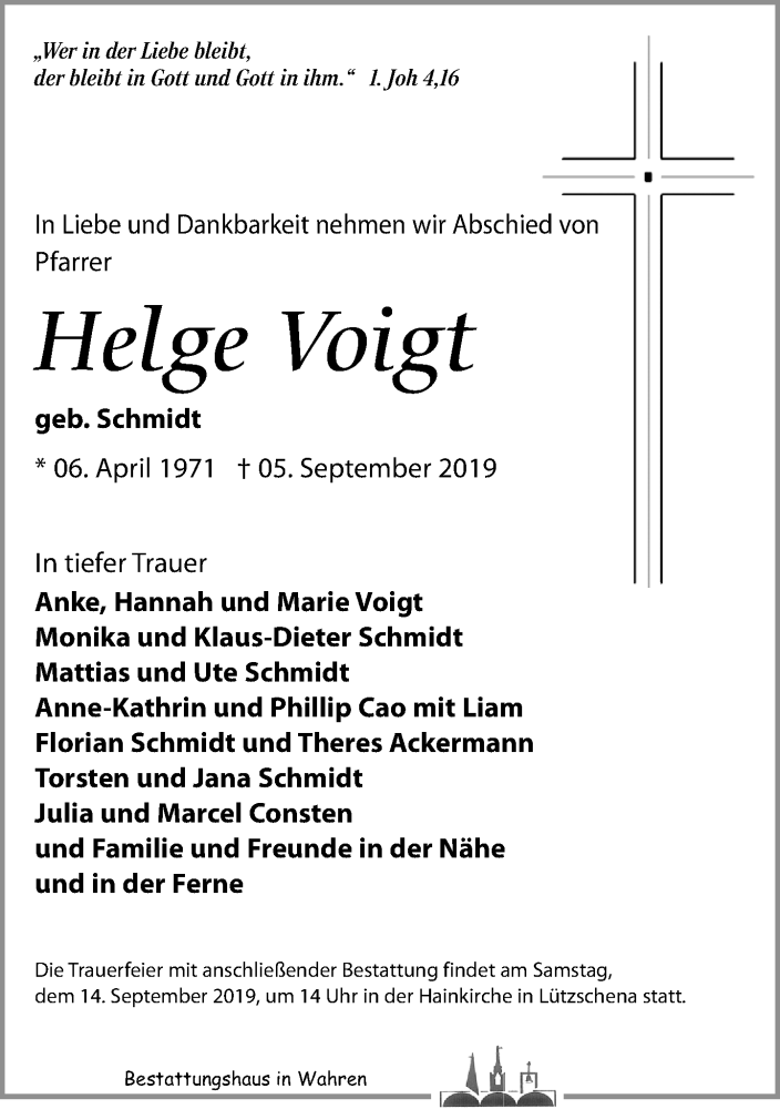  Traueranzeige für Helge Voigt vom 11.09.2019 aus Leipziger Volkszeitung