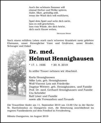 Traueranzeige von Helmut Hennighausen von Ostsee-Zeitung GmbH