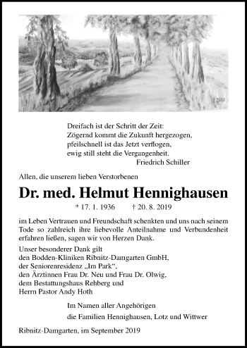 Traueranzeige von Helmut Hennighausen von Ostsee-Zeitung GmbH