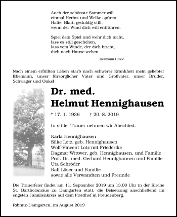 Traueranzeige von Helmut Hennighausen von Ostsee-Zeitung GmbH