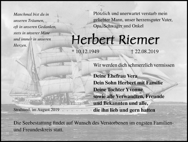  Traueranzeige für Herbert Riemer vom 07.09.2019 aus Ostsee-Zeitung GmbH