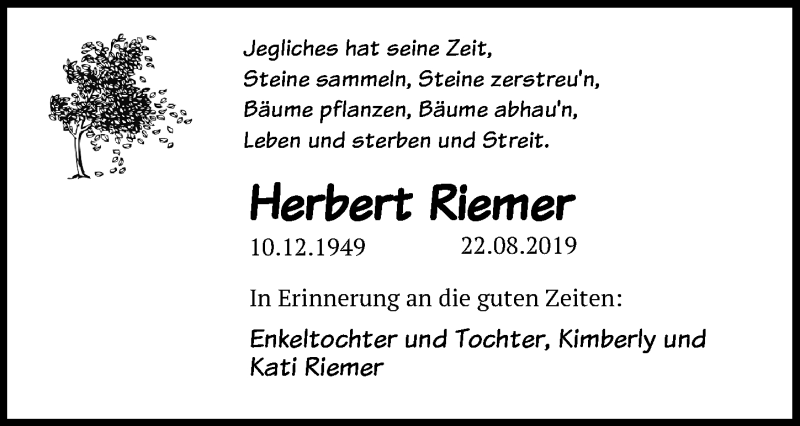  Traueranzeige für Herbert Riemer vom 07.09.2019 aus Ostsee-Zeitung GmbH