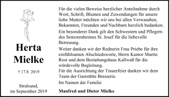 Traueranzeige von Herta Mielke von Ostsee-Zeitung GmbH