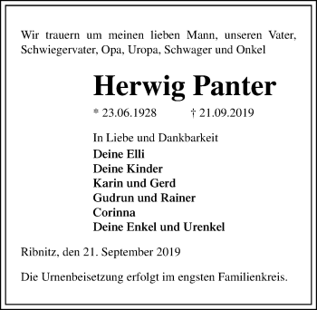 Traueranzeige von Herwig Panter von Ostsee-Zeitung GmbH