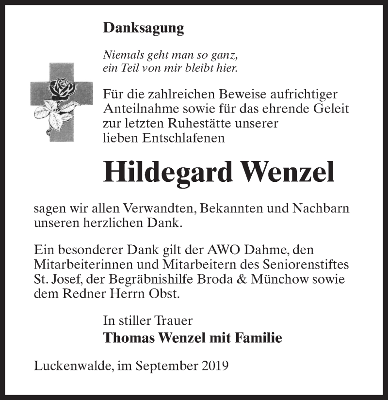  Traueranzeige für Hildegard Wenzel vom 14.09.2019 aus Märkischen Allgemeine Zeitung