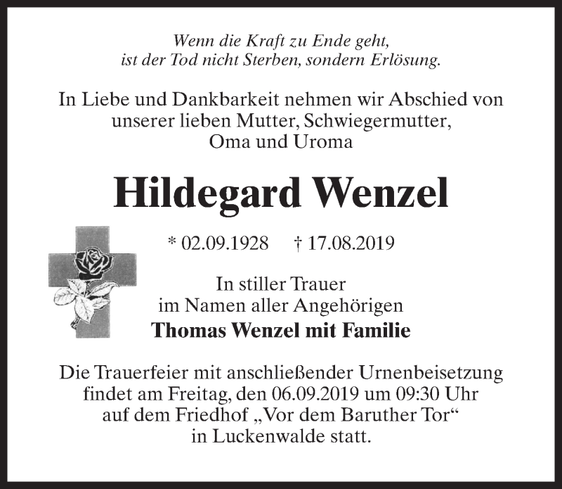  Traueranzeige für Hildegard Wenzel vom 24.08.2019 aus Märkischen Allgemeine Zeitung