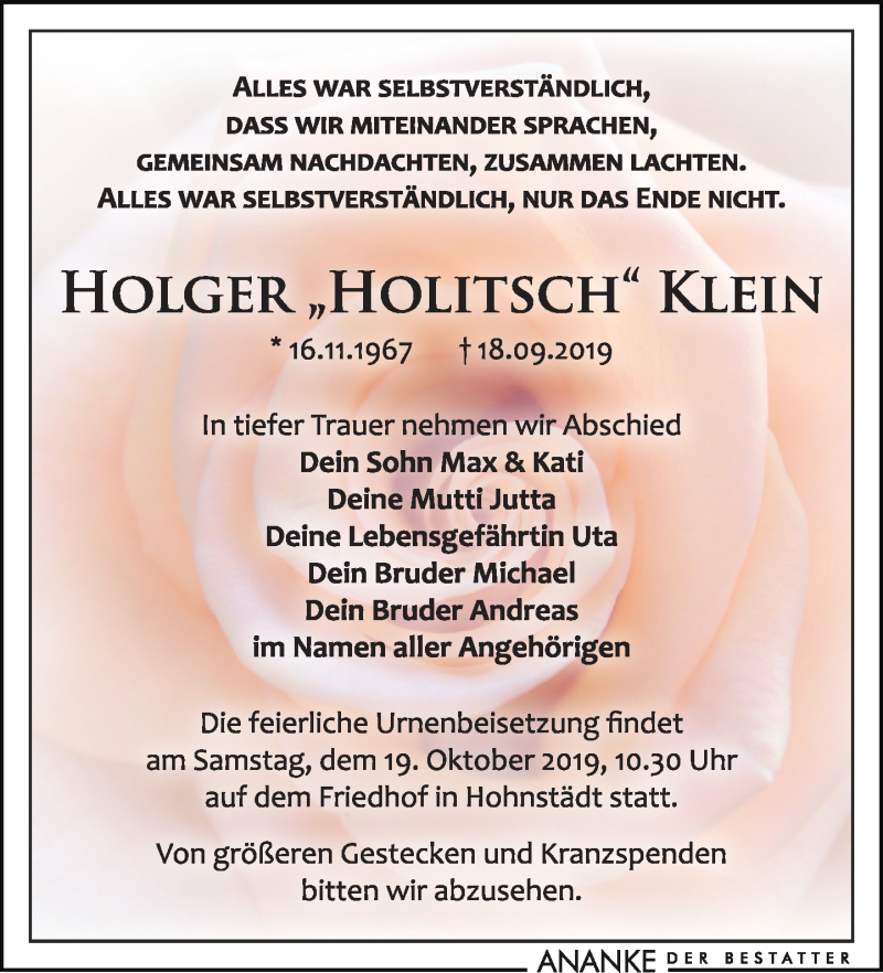  Traueranzeige für Holger Klein vom 28.09.2019 aus Leipziger Volkszeitung