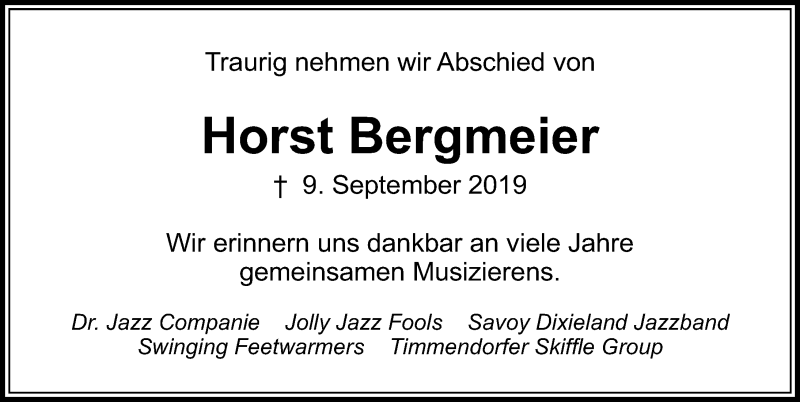  Traueranzeige für Horst Bergmeier vom 15.09.2019 aus Lübecker Nachrichten